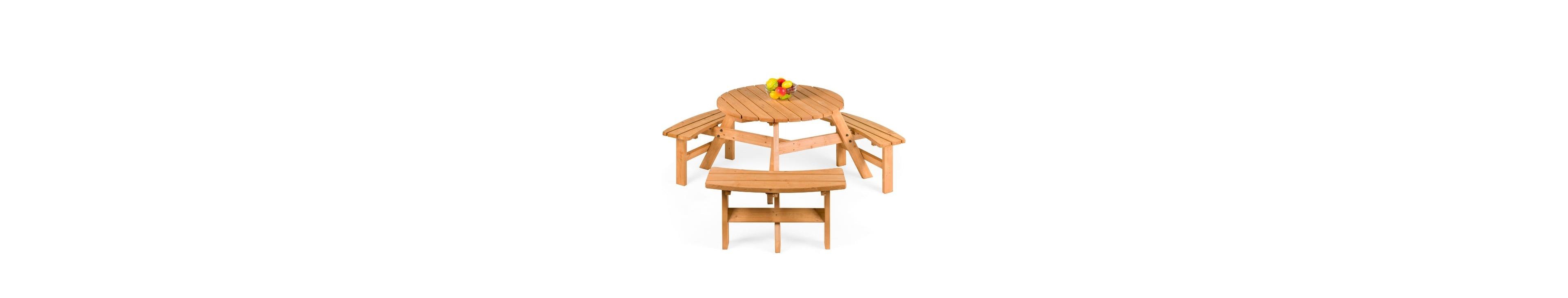 Slickblue Round Wooden Picnic Table Set with Benches and Umbrella Hole for 6 People