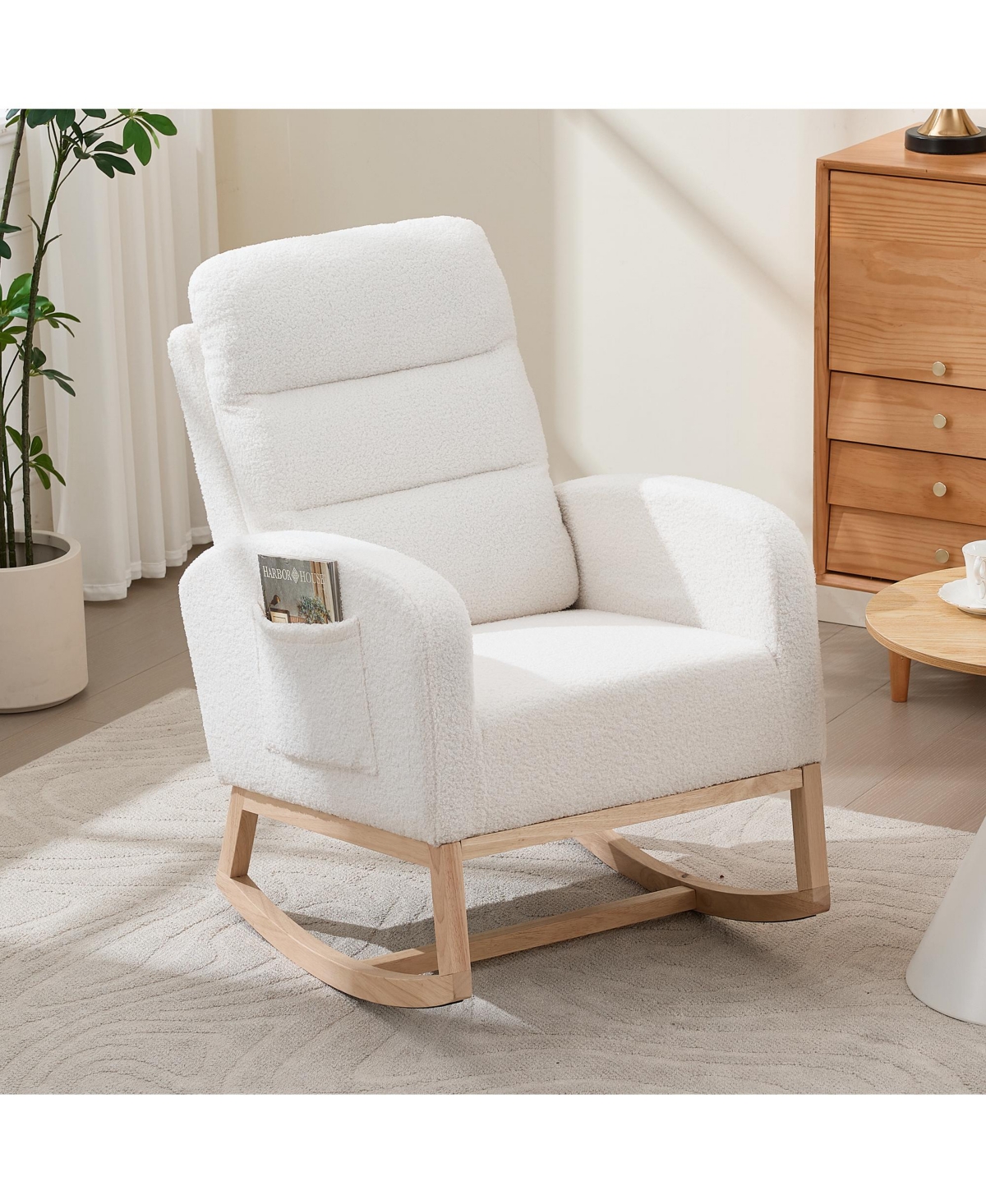 homfan Nursery Rocking Chair with High Backrest Wood Frame for Bedroom Reading Corner Nursing Room