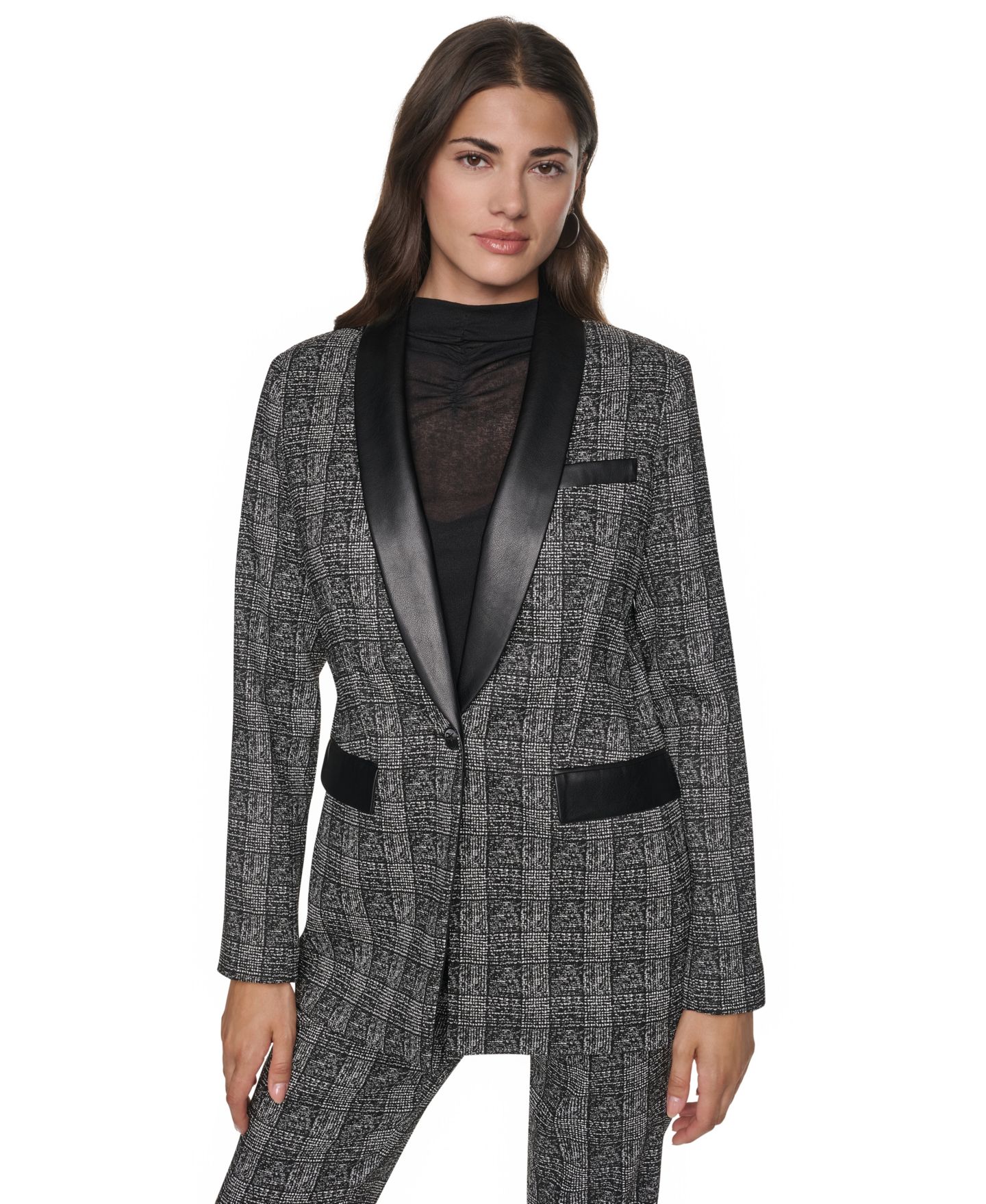 Женский пиджак DKNY Downtown Plaid Padded Shoulder Blazer, цвет: Чёрный — фото 1