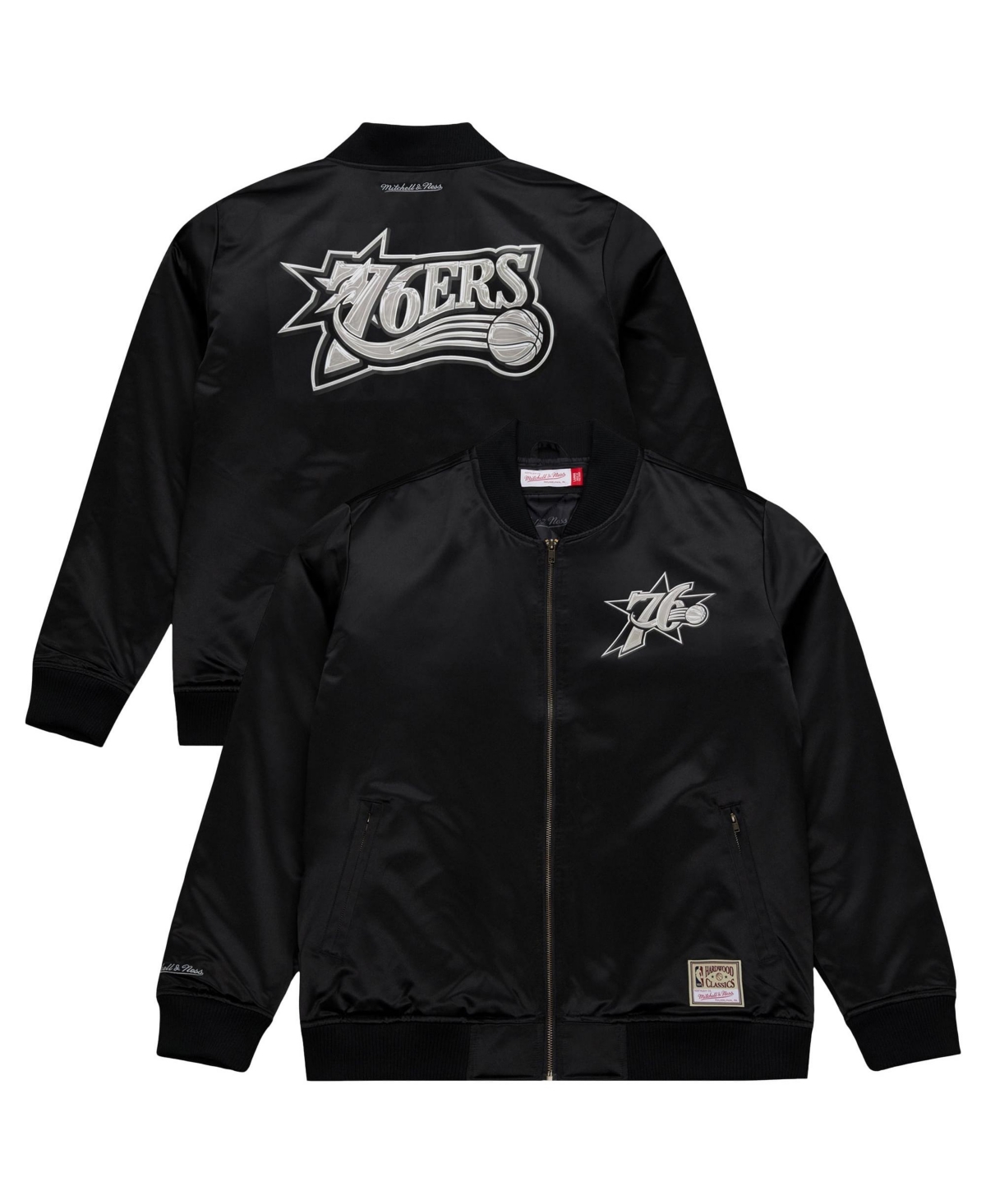 Mitchell & Ness Men's Black Philadelphia 76ers Chrome Satin Bomber Full-Zip Jacket