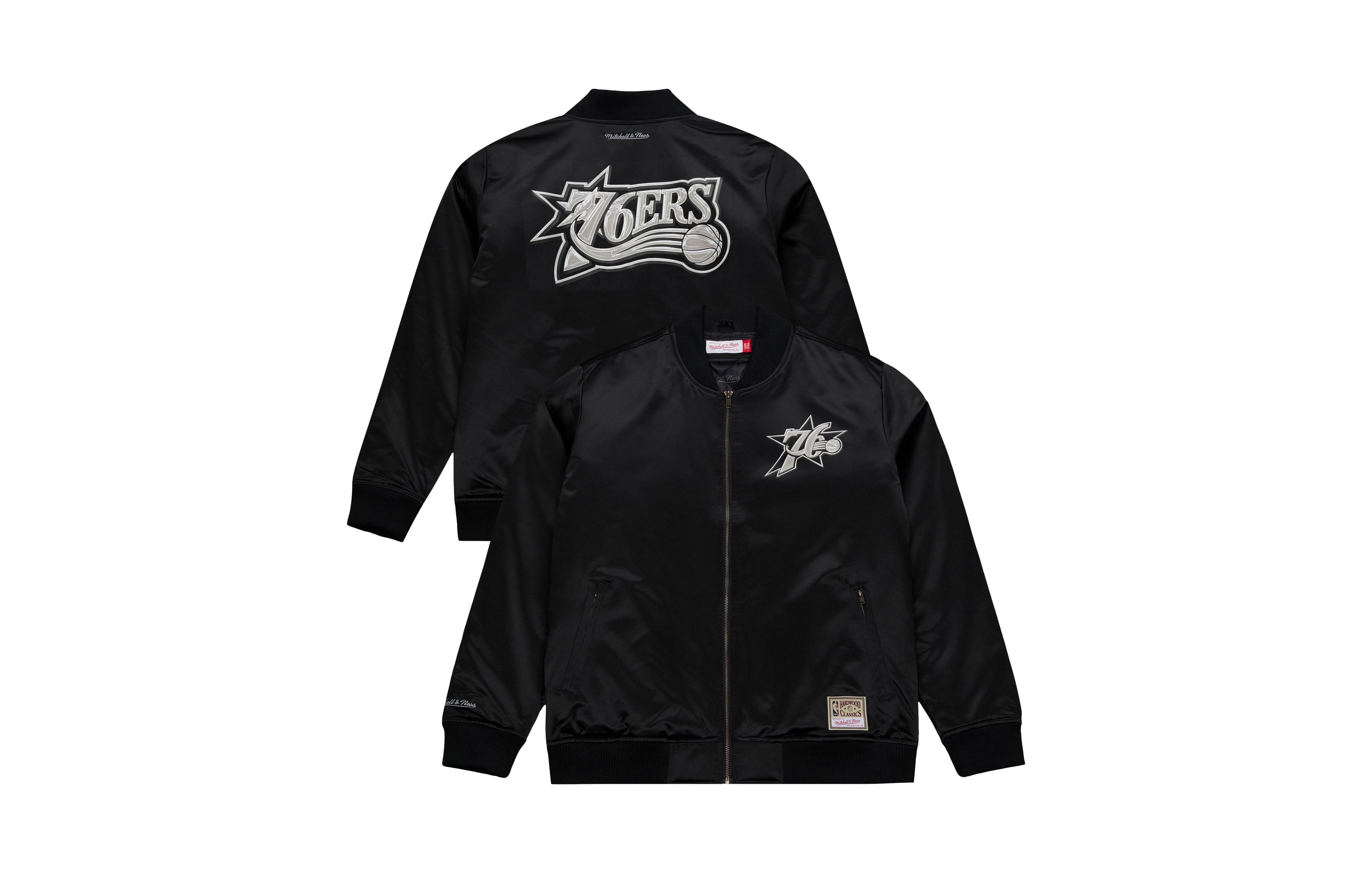 Mitchell & Ness Men's Black Philadelphia 76ers Chrome Satin Bomber Full-Zip Jacket