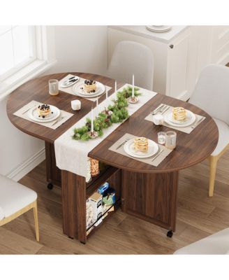 3-in-1 Folding Dining Table with Wine Rack and Cup Holder Lockable Casters, Drop Leaf Oval Folding Kitchen Table for Small Spaces