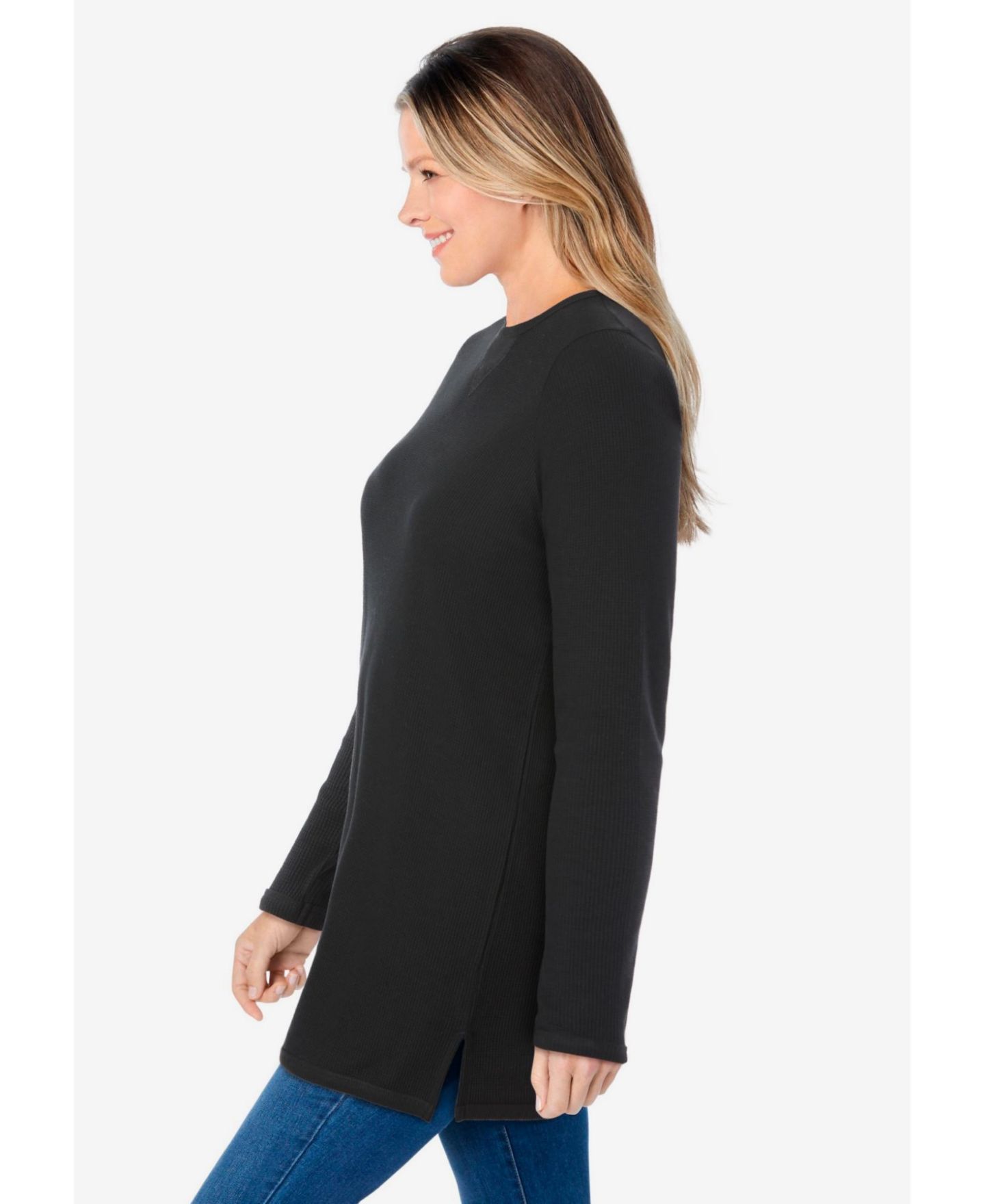 Женская рубашка Woman Within Plus Size Within Long-Sleeve Crewneck Soft Waffle Knit Thermal, цвет: Чёрный — фото 4