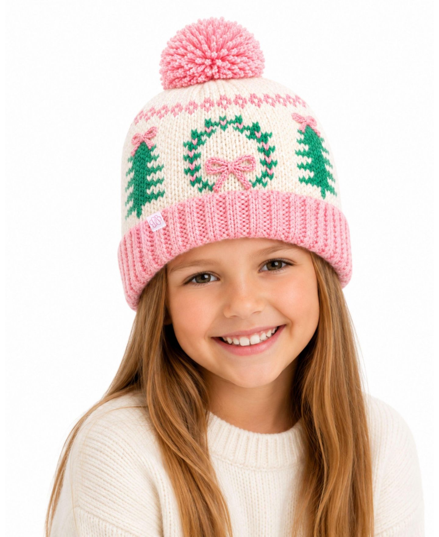 Шапка Bits & Bows Holiday Wreath Pom Beanie для девочек, цвет: Розовый / Белый — фото 3