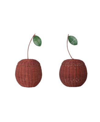 Artisan Rattan Cherry Sculptures with Iron Accents Set of 2 baskets