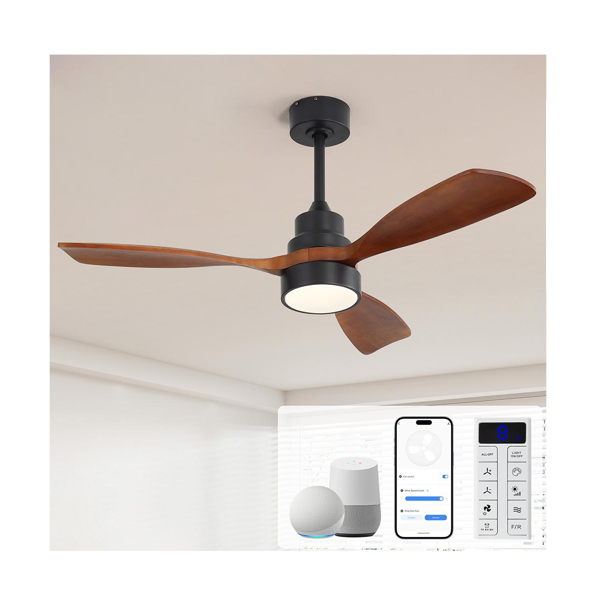 Sofucor 48-inch Indoor Modern 3-Solid Wood Ceiling Fan with Light Kit, Flush or Downrod