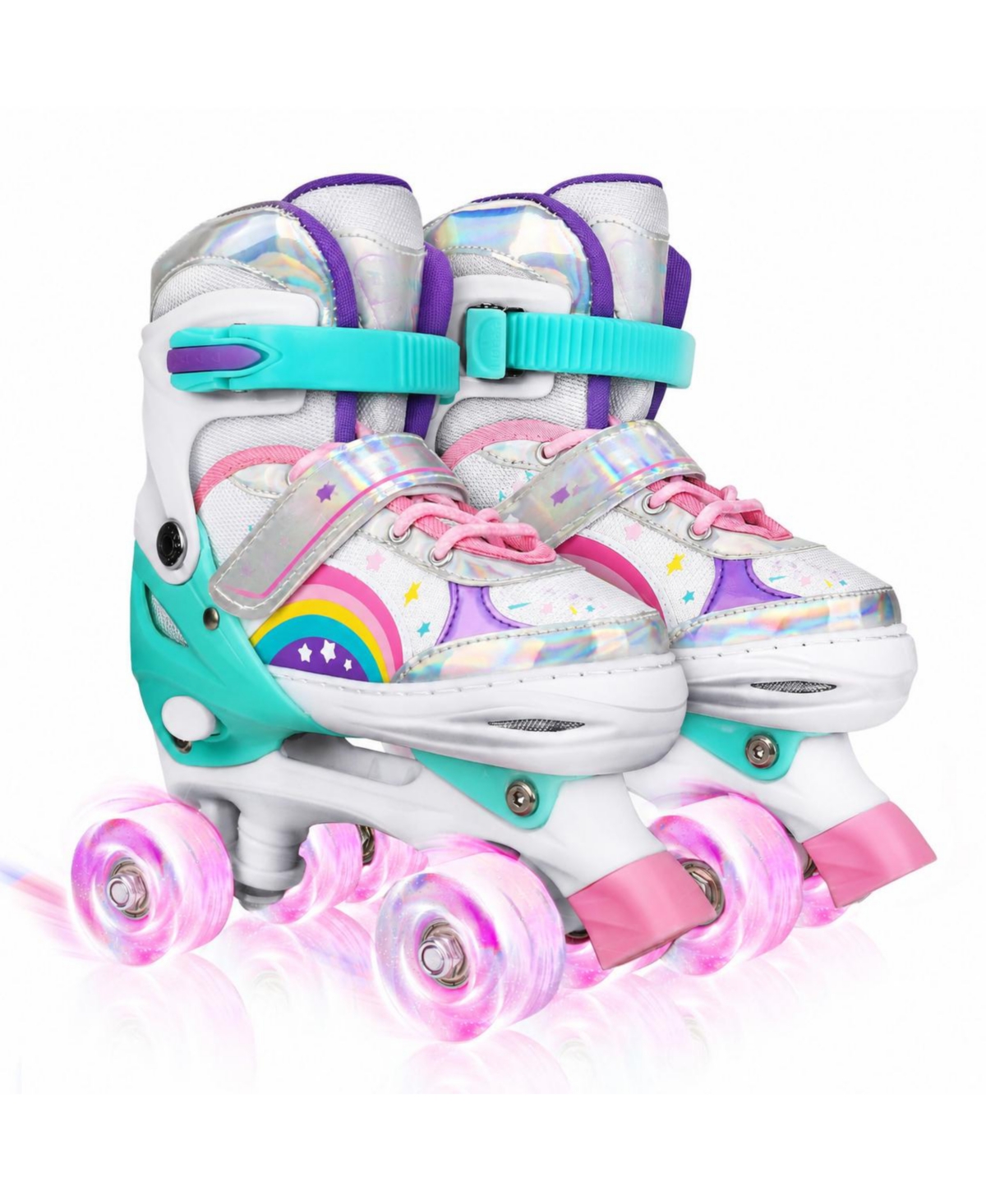 Magicorange Adjustable Light Up Wheels Roller Skates 4 Sizes For Kids Adults - Pink-white small