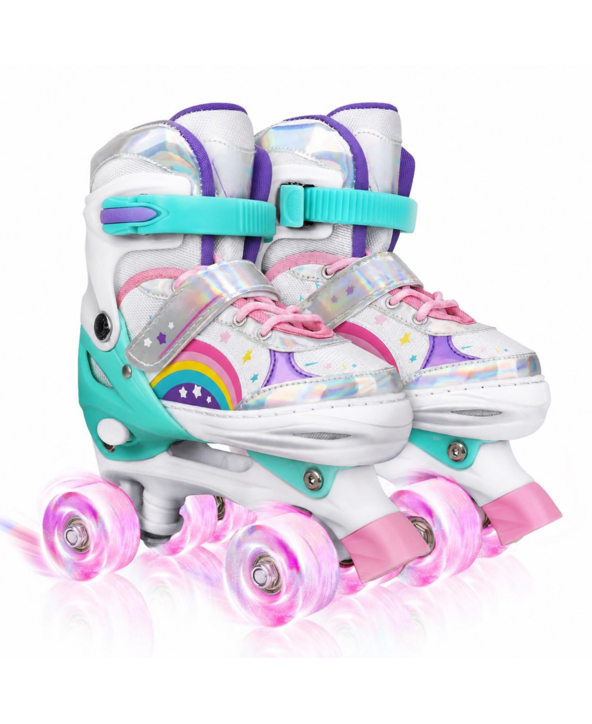 Magicorange Adjustable Light Up Wheels Roller Skates 4 Sizes For Kids Adults - Pink-white medium