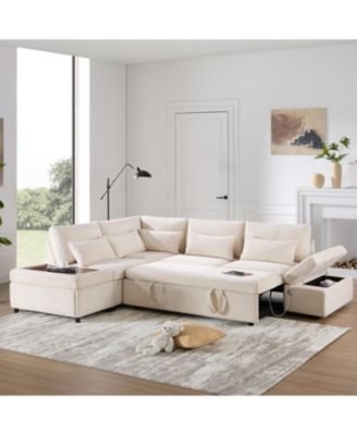 Sectional Sleeper Sofa Bed with Pull Out Couch L-shaped with Adjustable Armrest for Living Room