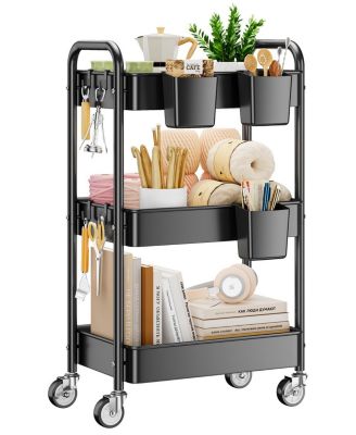 3 Tier Metal Rolling Utility Cart Heavy Duty Storage With Wheels Hooks And Hanging Cups
