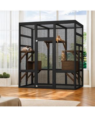 70'' Catio Outdoor Cat House, Large Walk-in Enclosure for Multiple Cats with Waterproof Cover, Platforms and 2 Resting Boxes