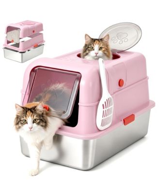 Dog-Proof Fully Enclosed Stainless Steel Litter Box with Lid, Front Entry and Top Exit, Large