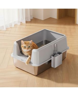 Extra Large Covered Stainless Steel Litter Box, High-Sided Non-Stick Leak-Proof Tray, Reduces Mess, Scoop Included, 23.62" x 15.75" x 14"