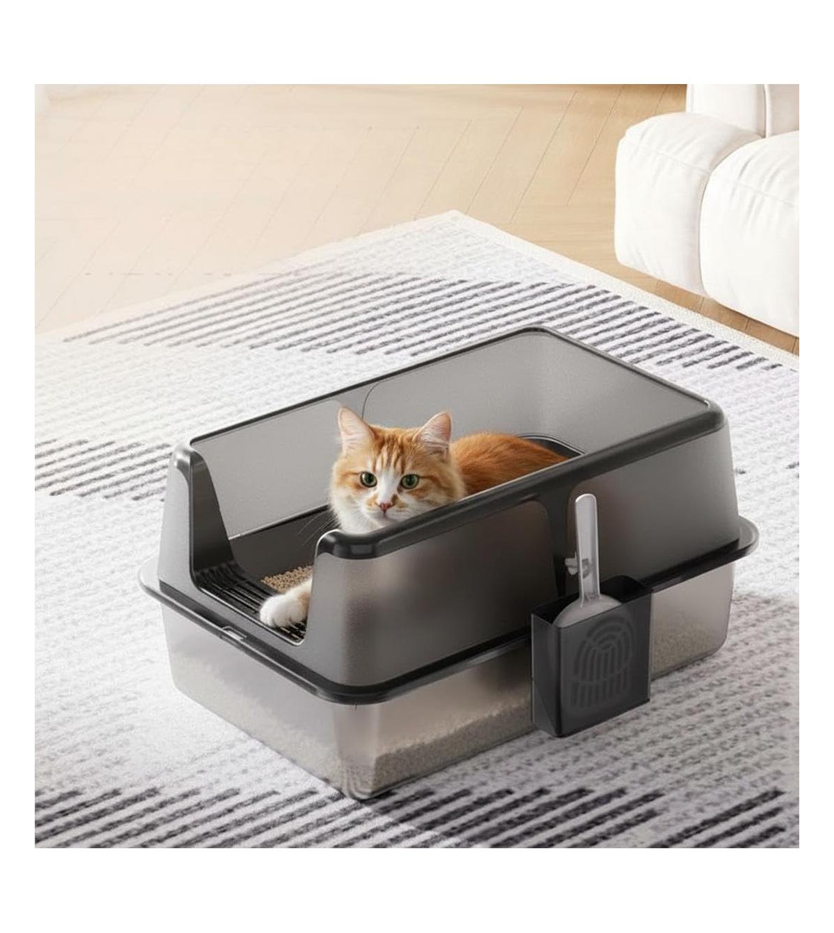 Lalfpet Extra Large Covered Stainless Steel Litter Box, High-Sided Non-Stick Leak-Proof Tray, Reduces Mess, Scoop Included, 23.62" x 15.75" 14"