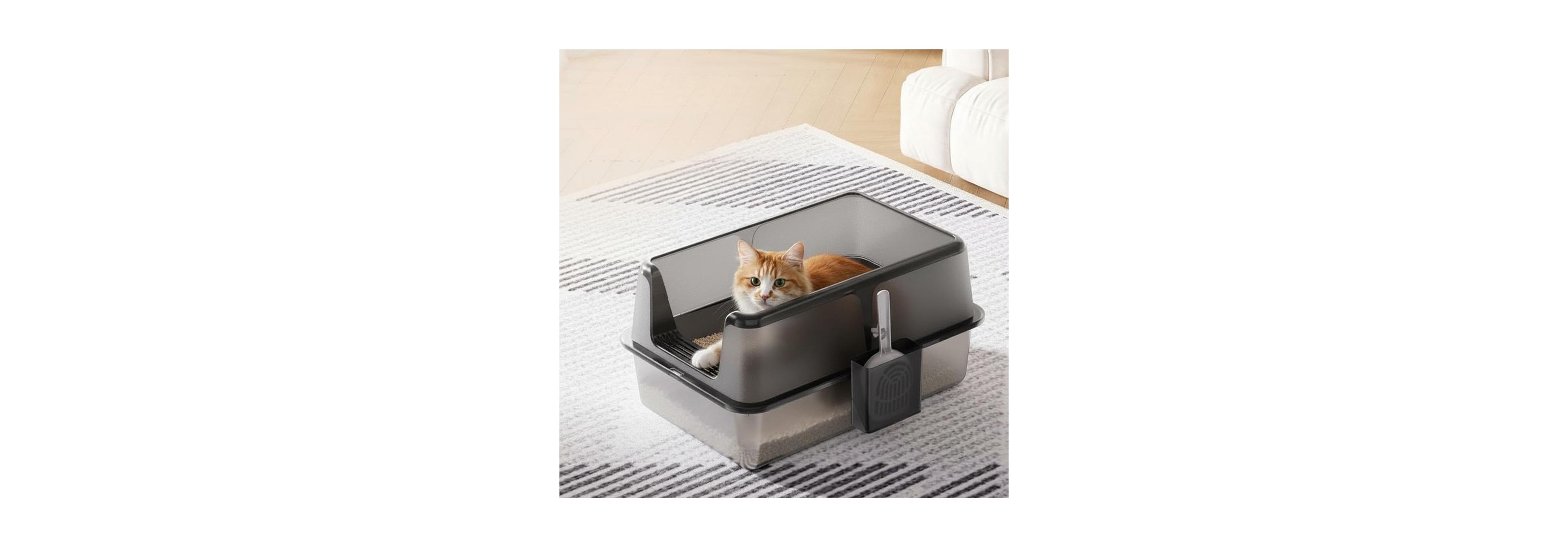 Lalfpet Extra Large Covered Stainless Steel Litter Box, High-Sided Non-Stick Leak-Proof Tray, Reduces Mess, Scoop Included, 23.62" x 15.75" 14"
