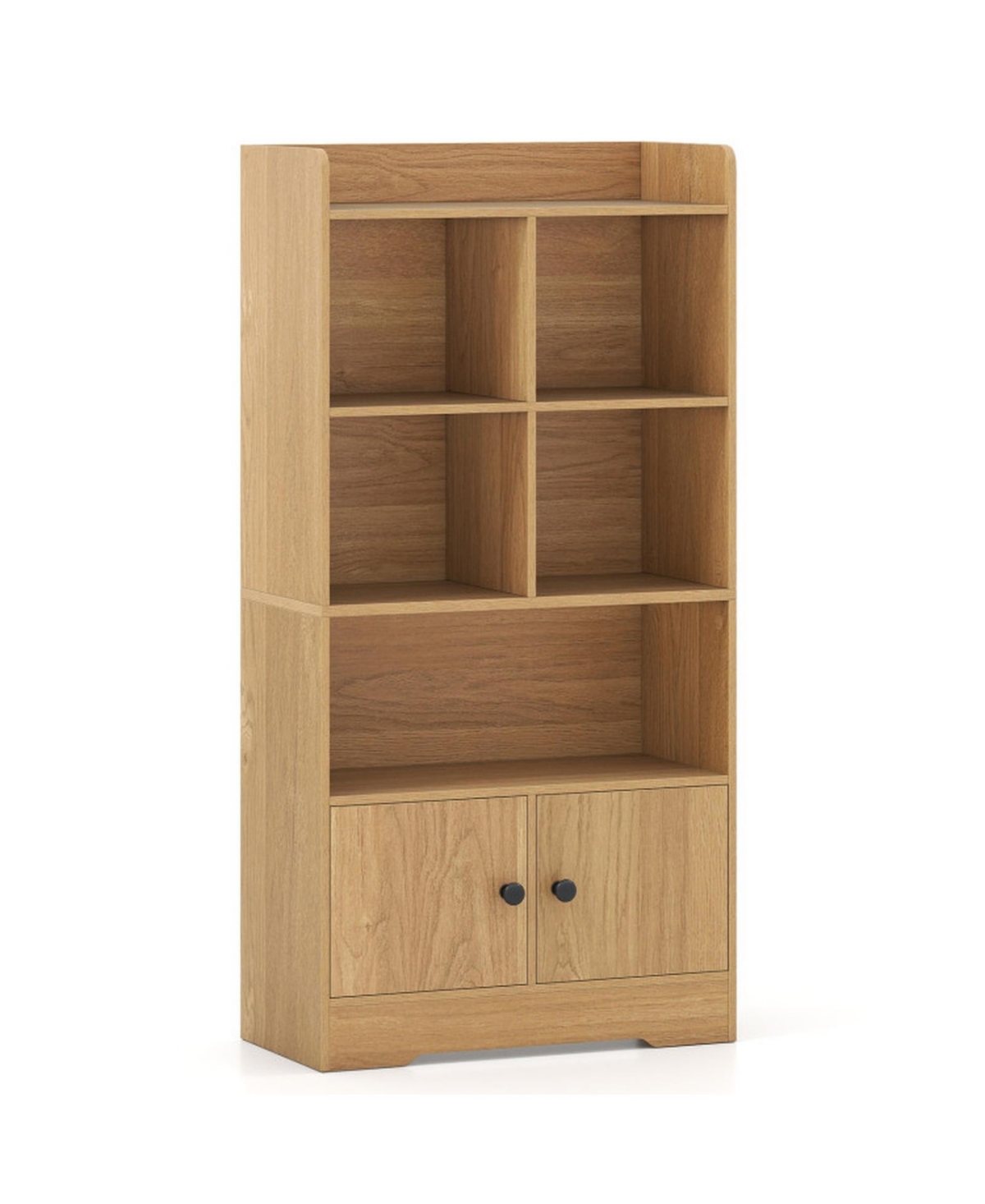 Gouun 4-Tier Bookshelf with Display Cubes and Cabinet Doors - Natural