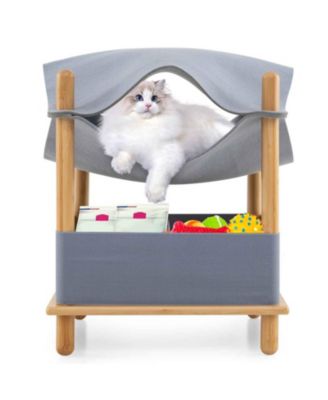 2-Tier Bamboo Cat House with Convertible Felt Condo Hammock and Storage Shelf