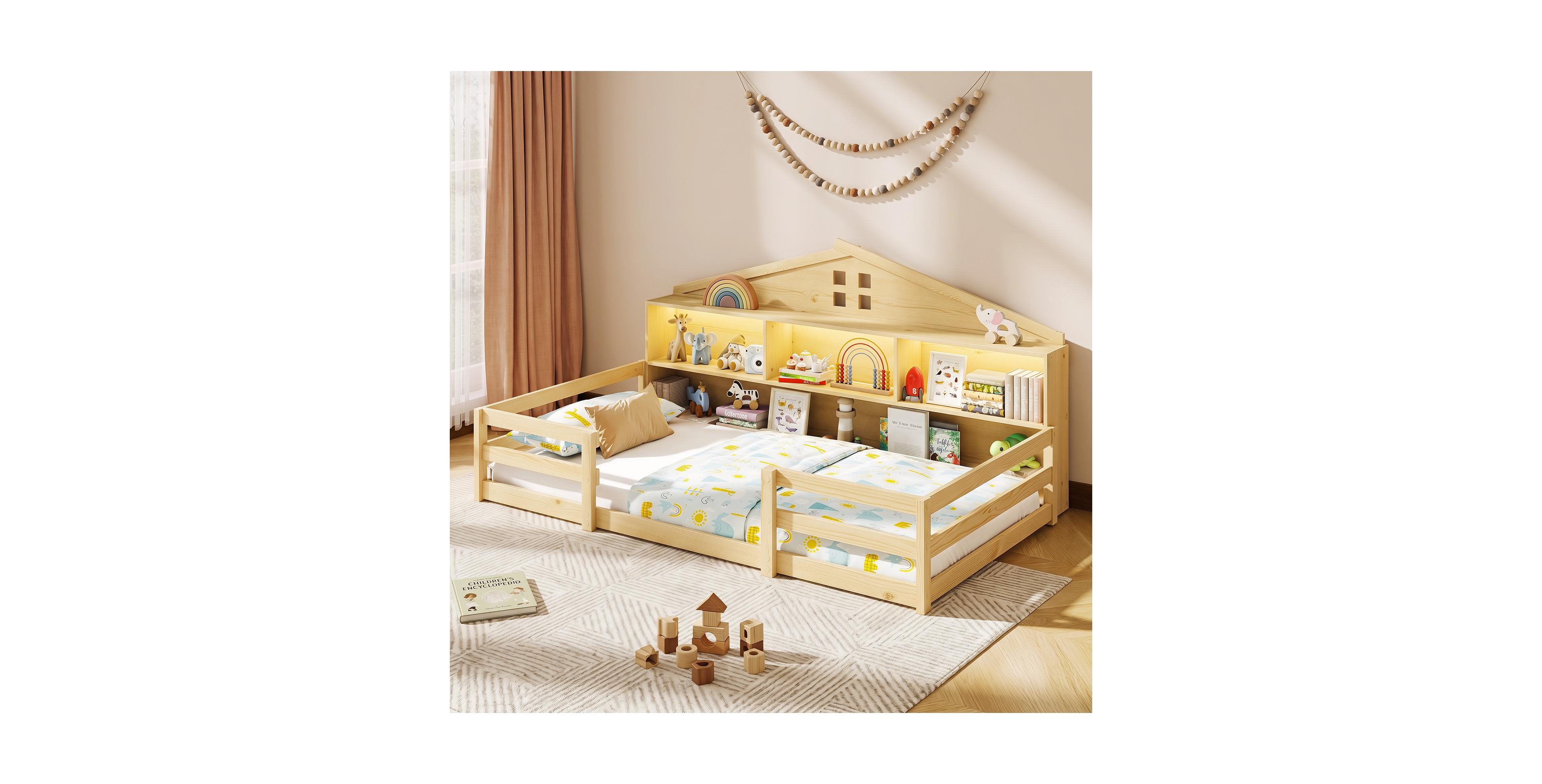 Costway Montessori Floor Bed with Led Lights Safety Guardrails Compartments Shelf