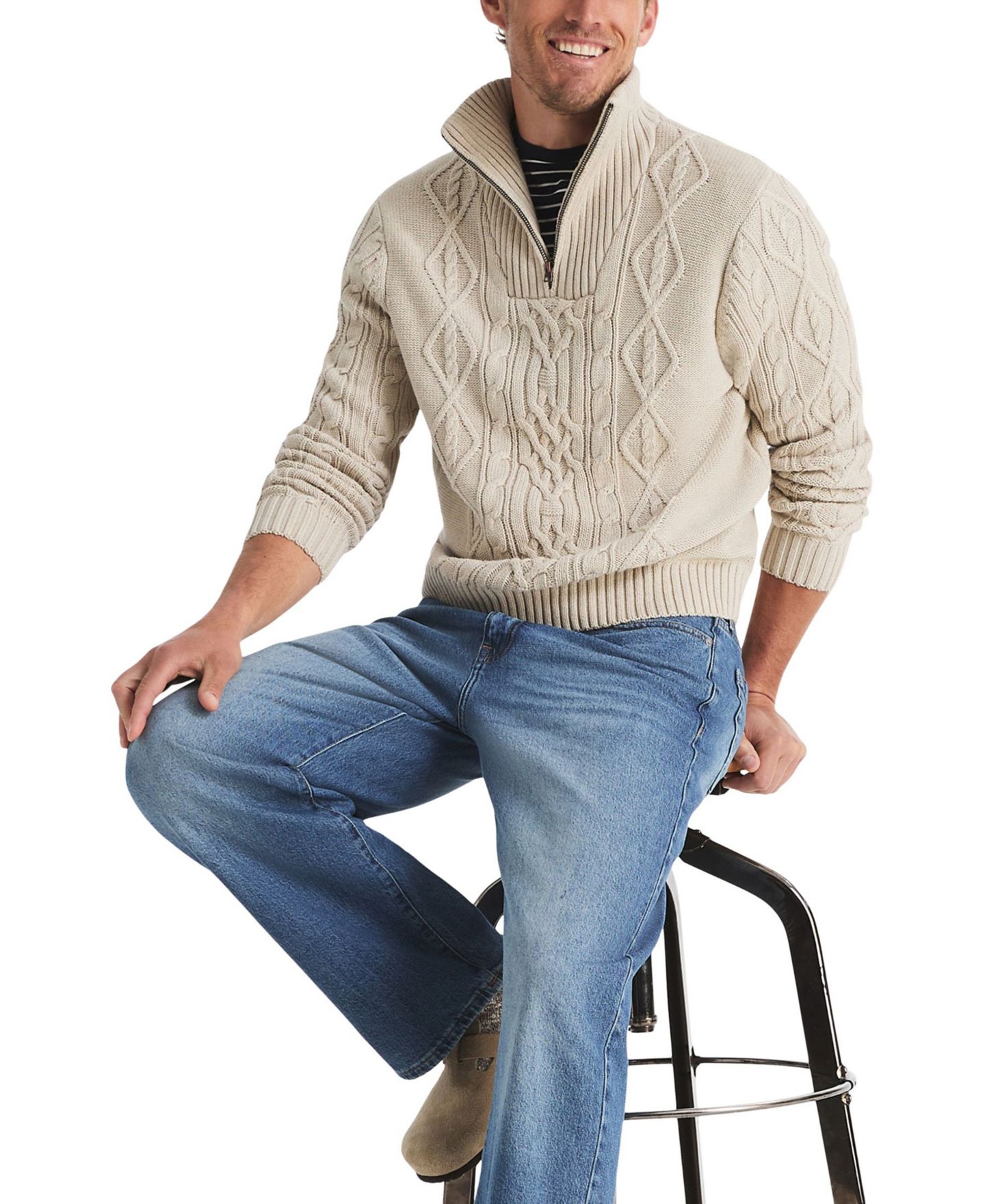 Мужской свитер Nautica Cable-Knit Quarter-Zip Stone-Washed, цвет: Овсяный меланжевый — фото 3