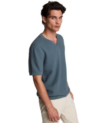 Men's Johnny Collar Short-Sleeve Waffle-Knit Classic-Fit Cotton Sweater