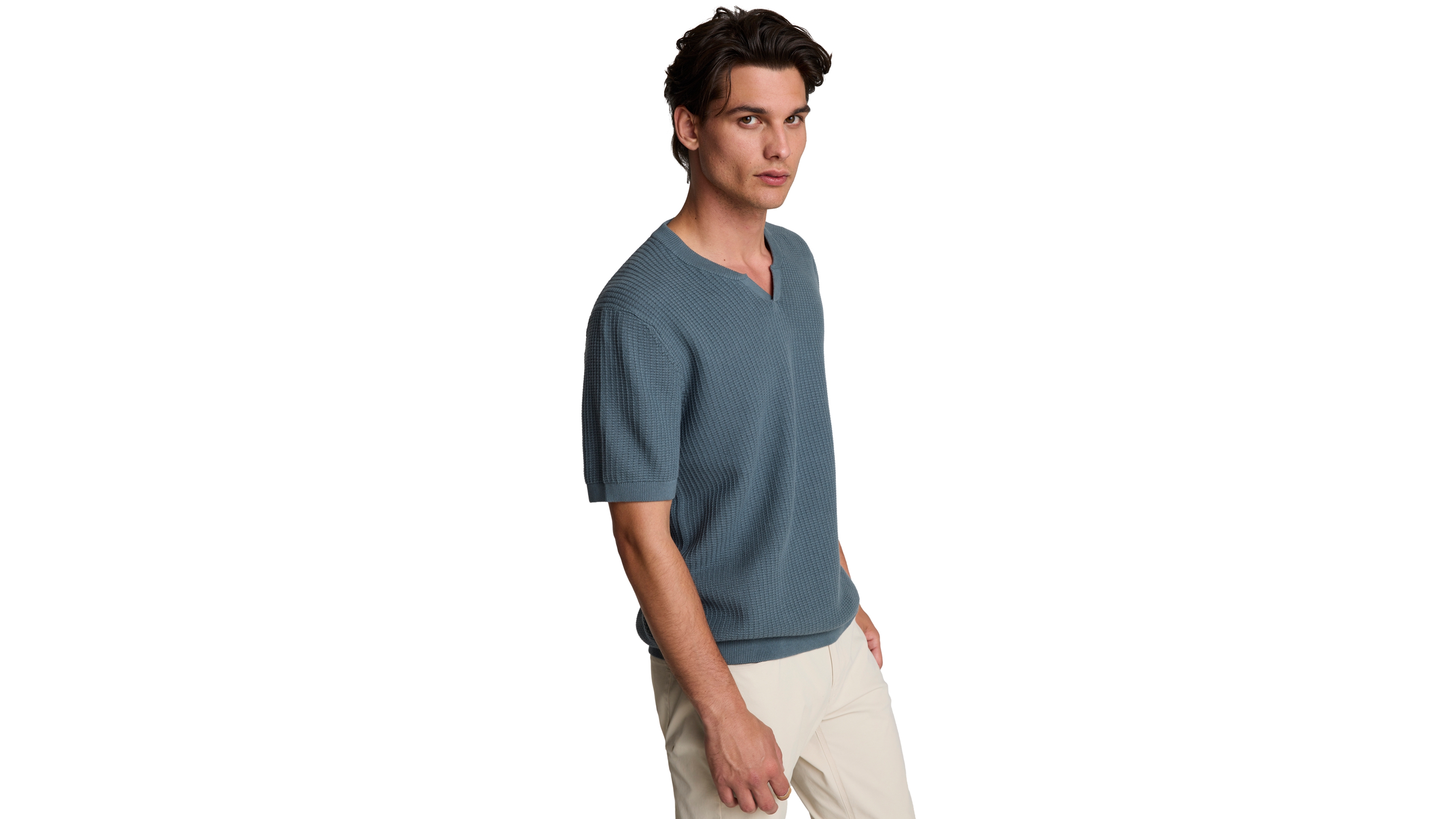 Kenneth Cole Men's Johnny Collar Short-Sleeve Waffle-Knit Classic-Fit Cotton Sweater