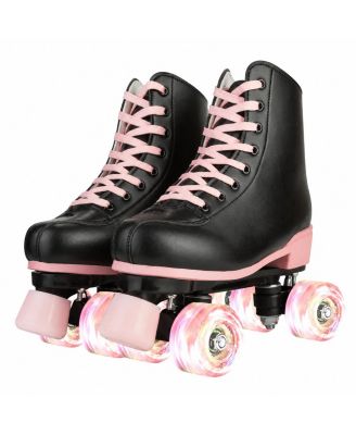 Black PU Leather Roller Skates With Pink Light Up Wheels For Indoor Outdoor Use