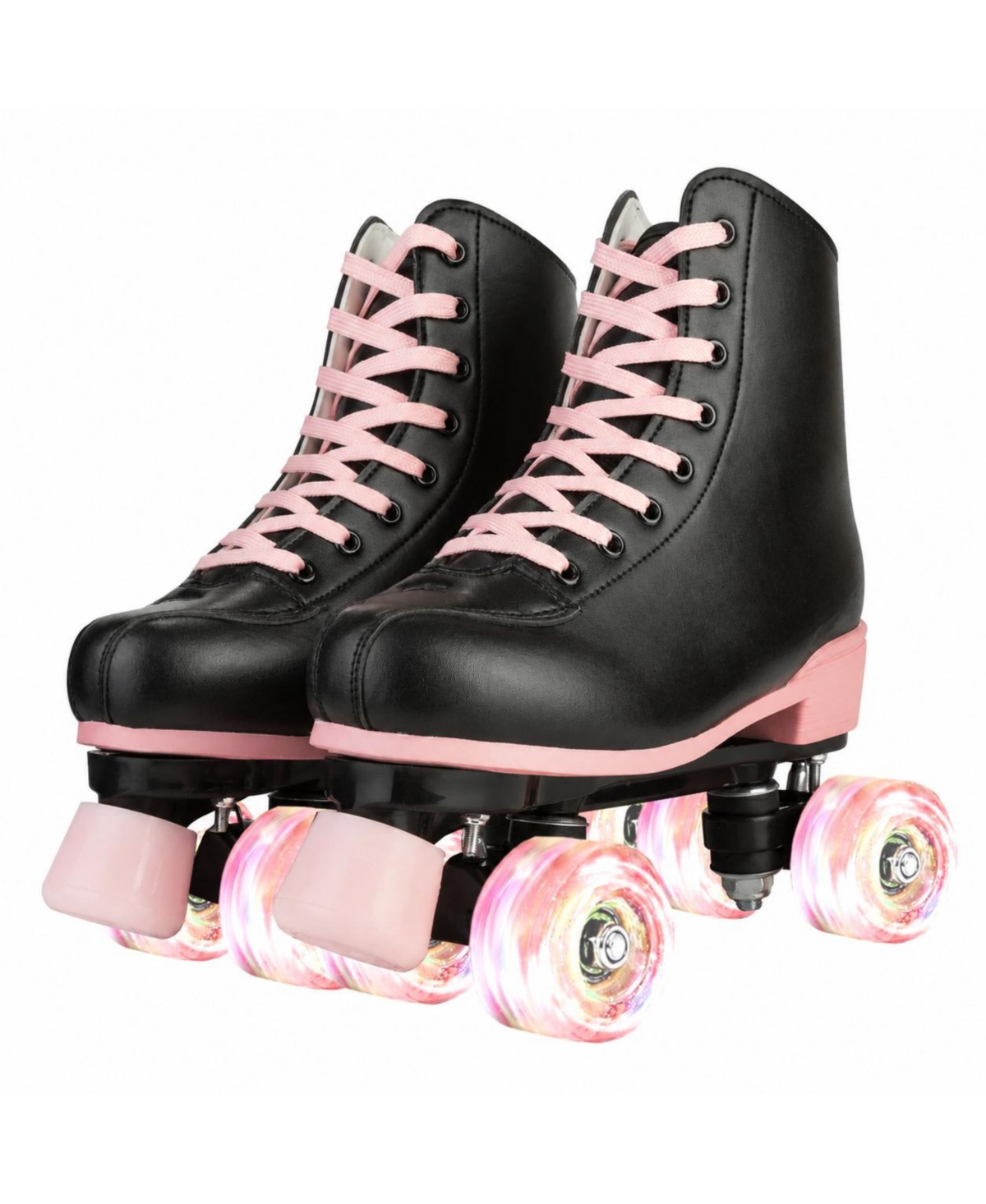 Magicorange Black Pu Leather Roller Skates With Pink Light Up Wheels For Indoor Outdoor Use