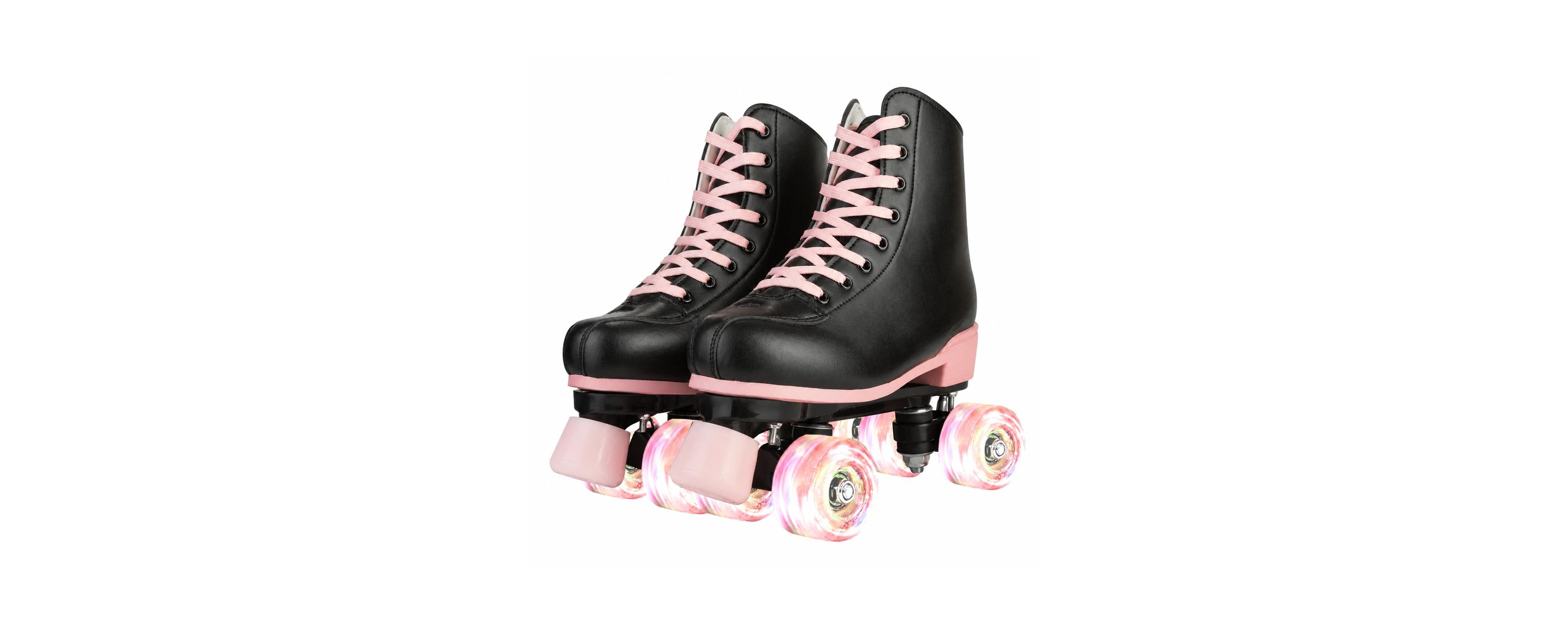 Magicorange Black Pu Leather Roller Skates With Pink Light Up Wheels For Indoor Outdoor Use