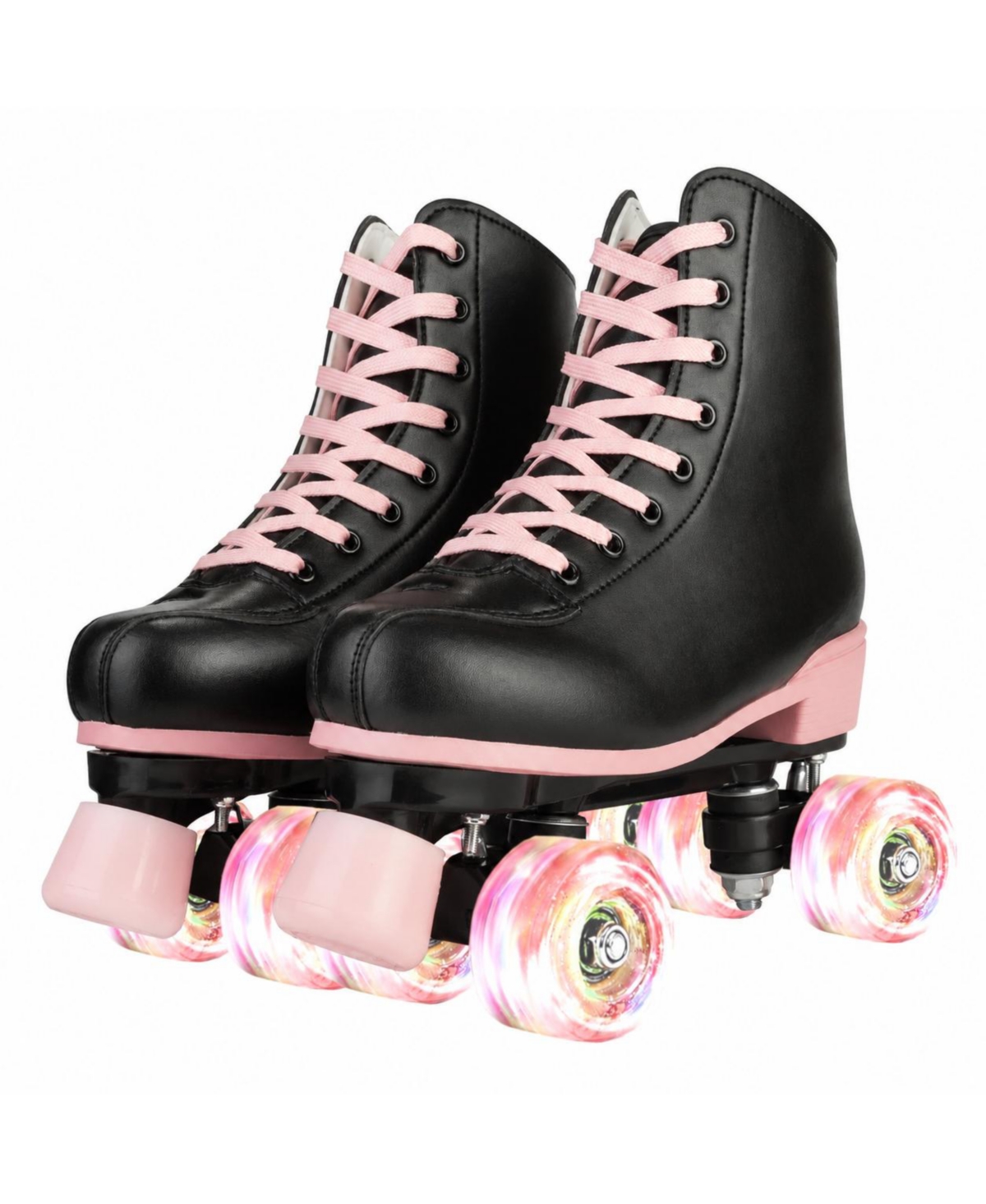 Magicorange Black Pu Leather Roller Skates With Pink Light Up Wheels For Indoor Outdoor Use - Open Miscellaneous 962