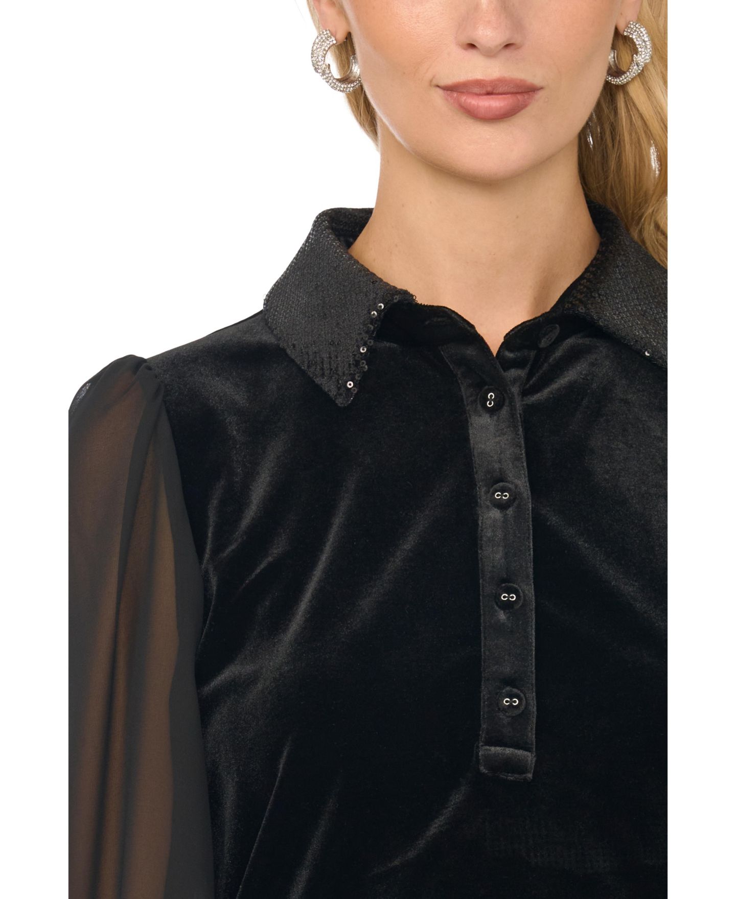 Женская блузка Vince Camuto Embellished Velvet Button-Down, цвет: Насыщенный чёрный — фото 3