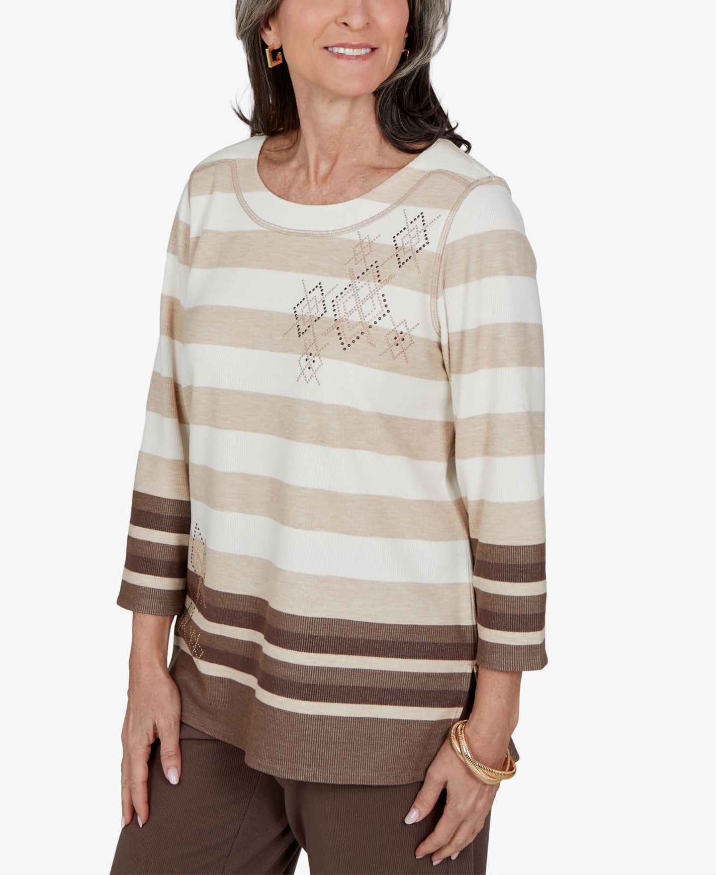 Женский топ Alfred Dunner 3/4-Sleeve Crewneck Striped Knit, цвет: Коричневый разноцветный — фото 2