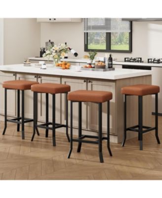 Set of 4 Bar Stools, 24 Inch Counter Height Bar Stools, Leather Upholstered Barstools with Irregular Legs