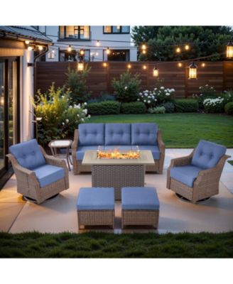 7-Piece All-Weather Wicker Patio Furniture Set with Propane Fire Pit Table, Sofa and Swivel Glider Chairs,6-in Thick Cushions Chairs