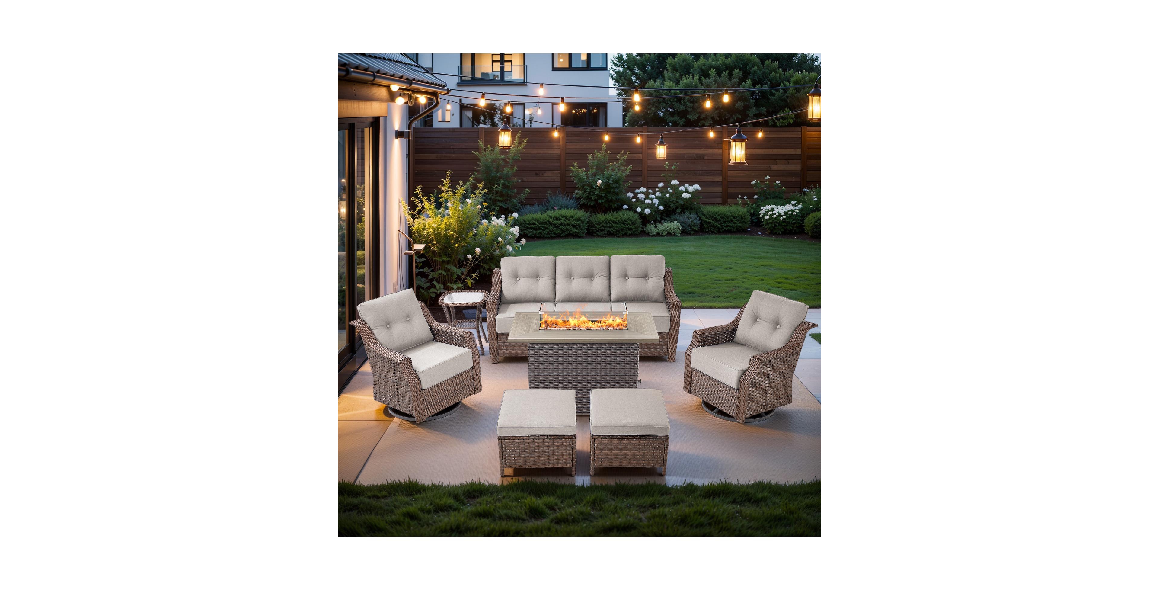 Pocassy 7-Piece All-Weather Wicker Patio Furniture Set with Propane Fire Pit Table, Sofa and Swivel Glider Chairs,6-in Thick Cushions Chairs