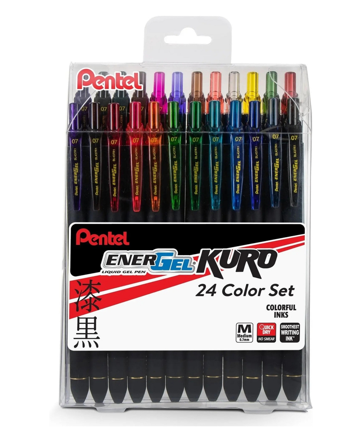 Pentel EnerGel Kuro Liquid Gel Pen, 0.7mm Medium Line, Assorted Ink, 24-Pack Pen - Assorted Pre-Pack