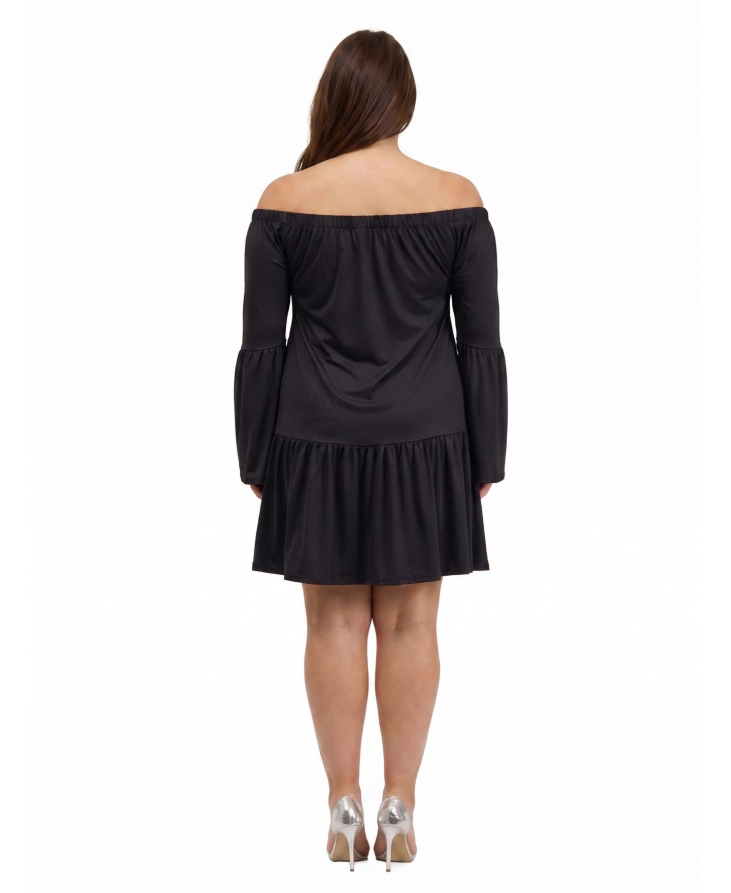 Женское платье 24seven Comfort Apparel Plus Size Off-the-Shoulder Long-Sleeve Bell-Sleeve Mini, цвет: Чёрный — фото 3