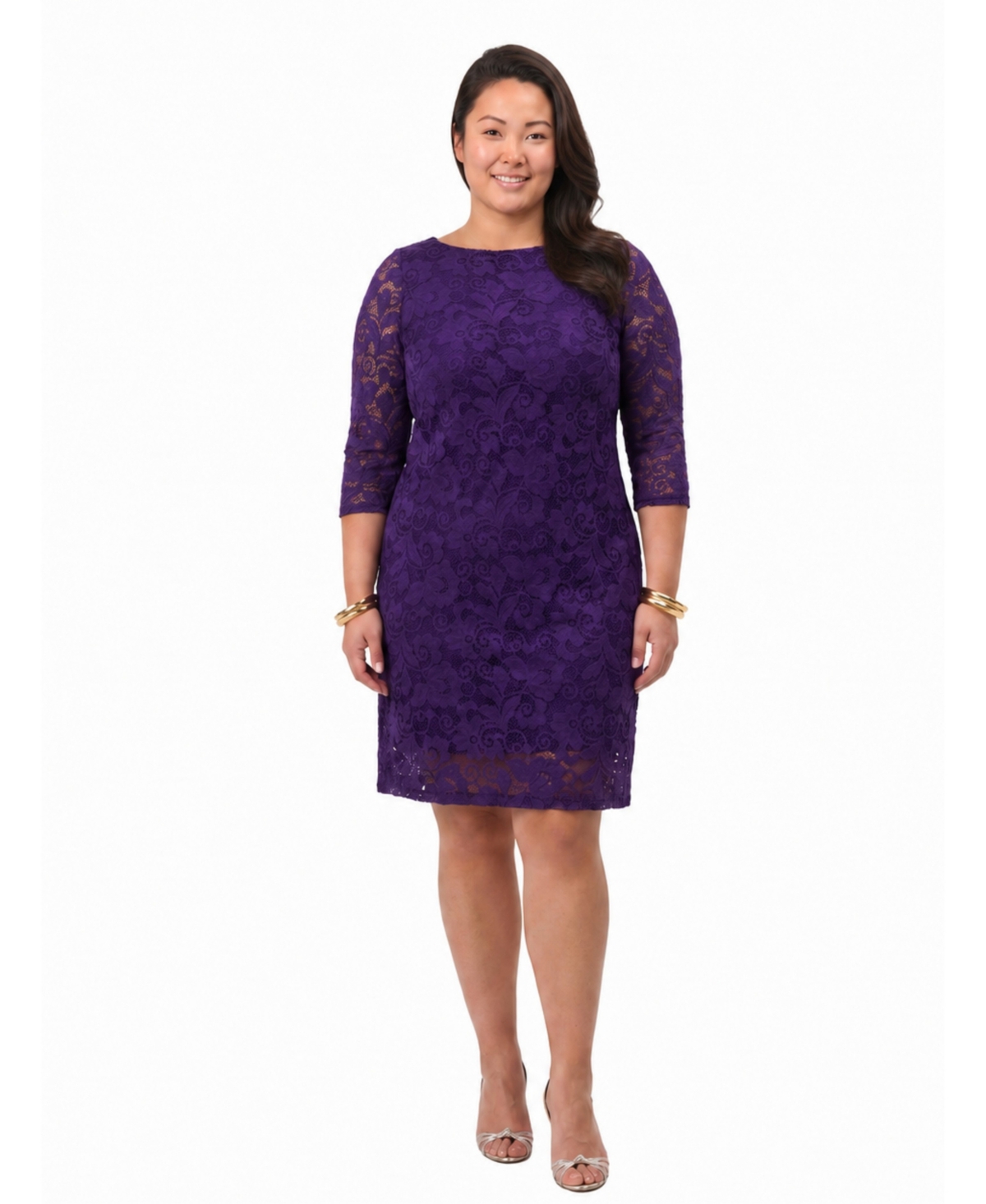 24seven Comfort Apparel Plus Size Floral-Print Crewneck Three-Quarter Sleeve Lace Dress - Purple
