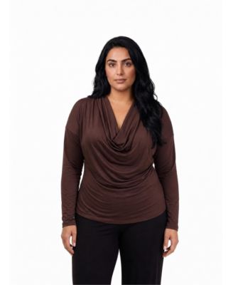 Plus Size Cowl Neck Long-Sleeve Shimmery Top
