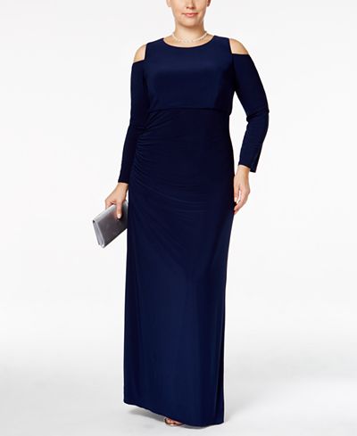 Betsy & Adam Plus Size Cold-Shoulder Ruched Gown