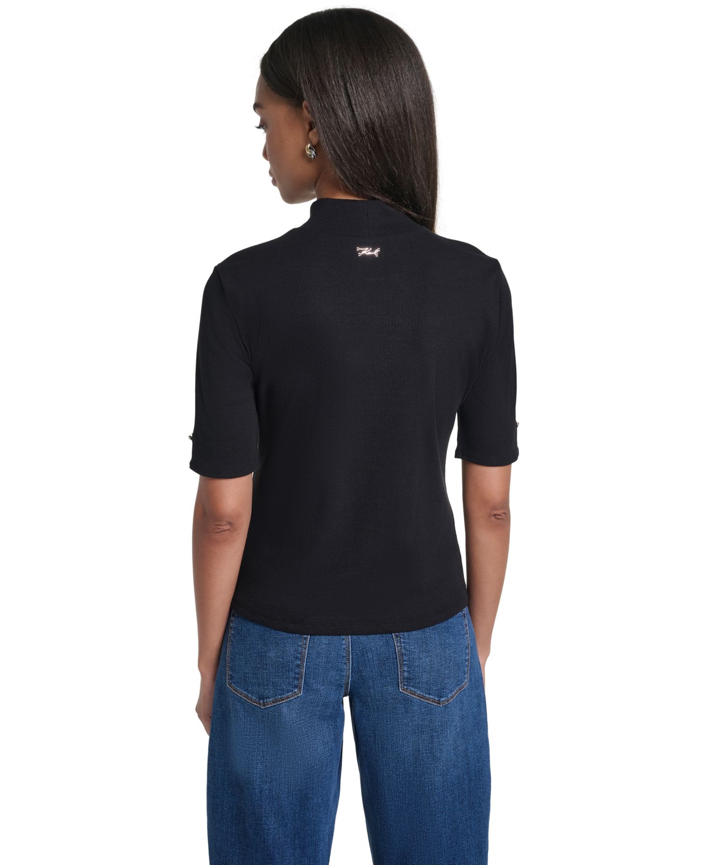 Женская блузка KARL LAGERFELD PARIS Mock Neck Short-Sleeve Keyhole, цвет: Чёрный — фото 5