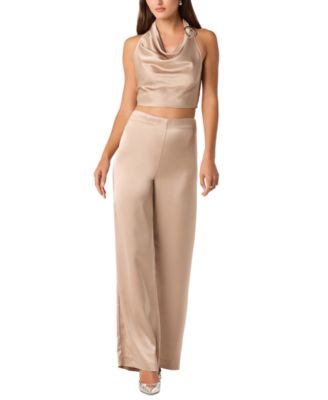 Women's Halter Open-Back Satin Tank and Wide-Leg Pants, 2-Piece Set