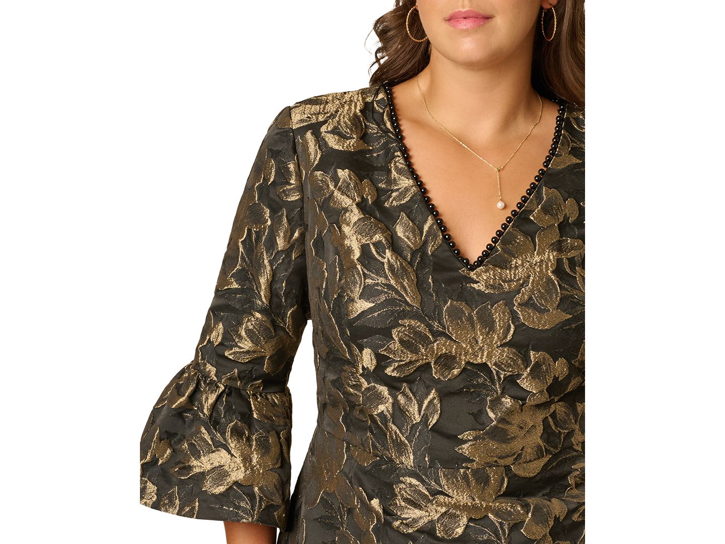 Женское платье Adrianna Papell Plus Size Floral-Print V-Neck 3/4-Sleeve, цвет: Чёрный / Золотой — фото 4