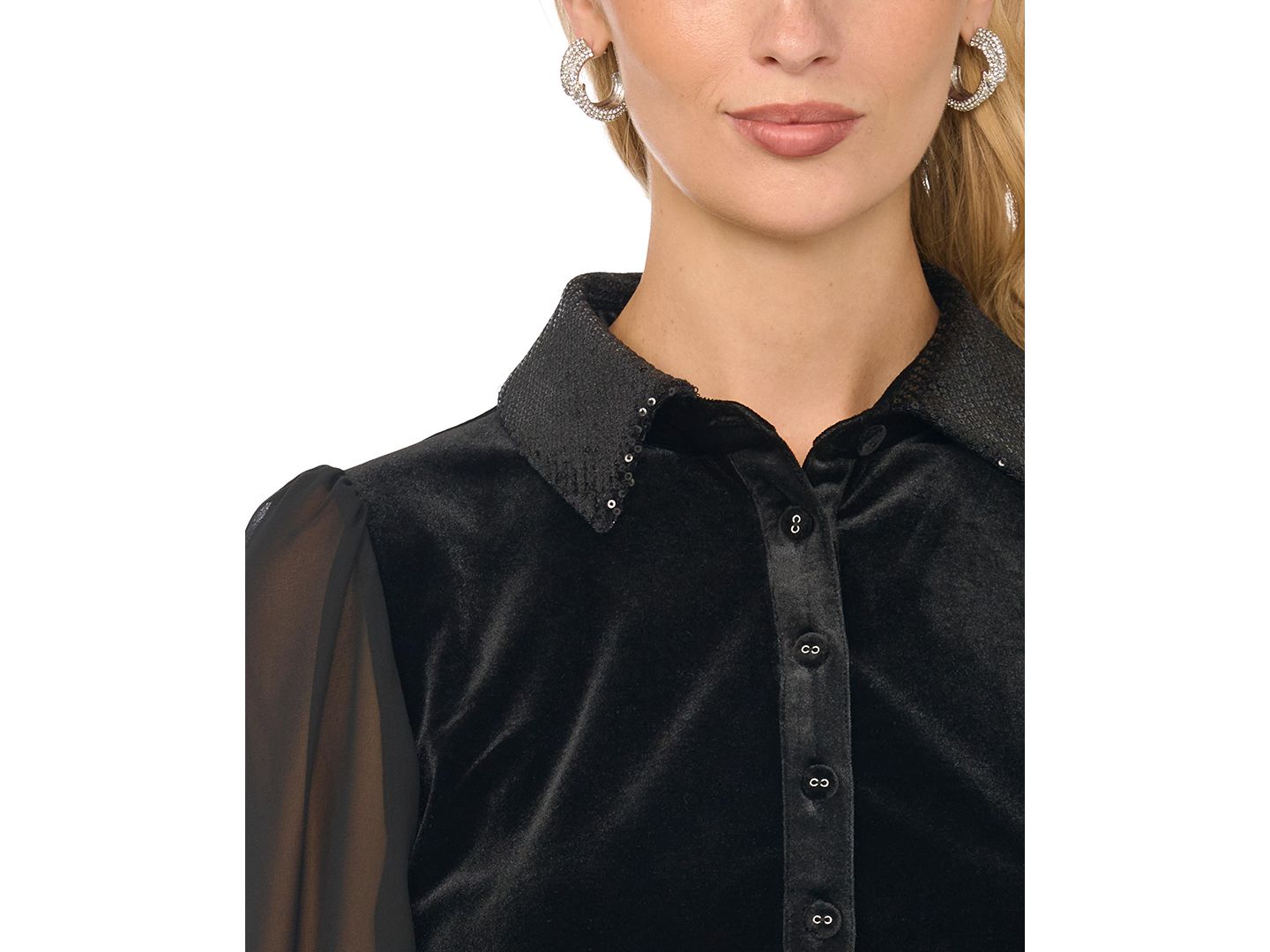 Женская блузка Vince Camuto Embellished Velvet Button-Down, цвет: Насыщенный чёрный — фото 4