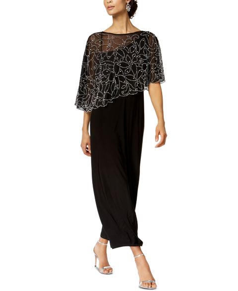 Женские платья MSK Boat-Neck Embellished-Cape Jersey-Knit Gown, цвет: Чёрный