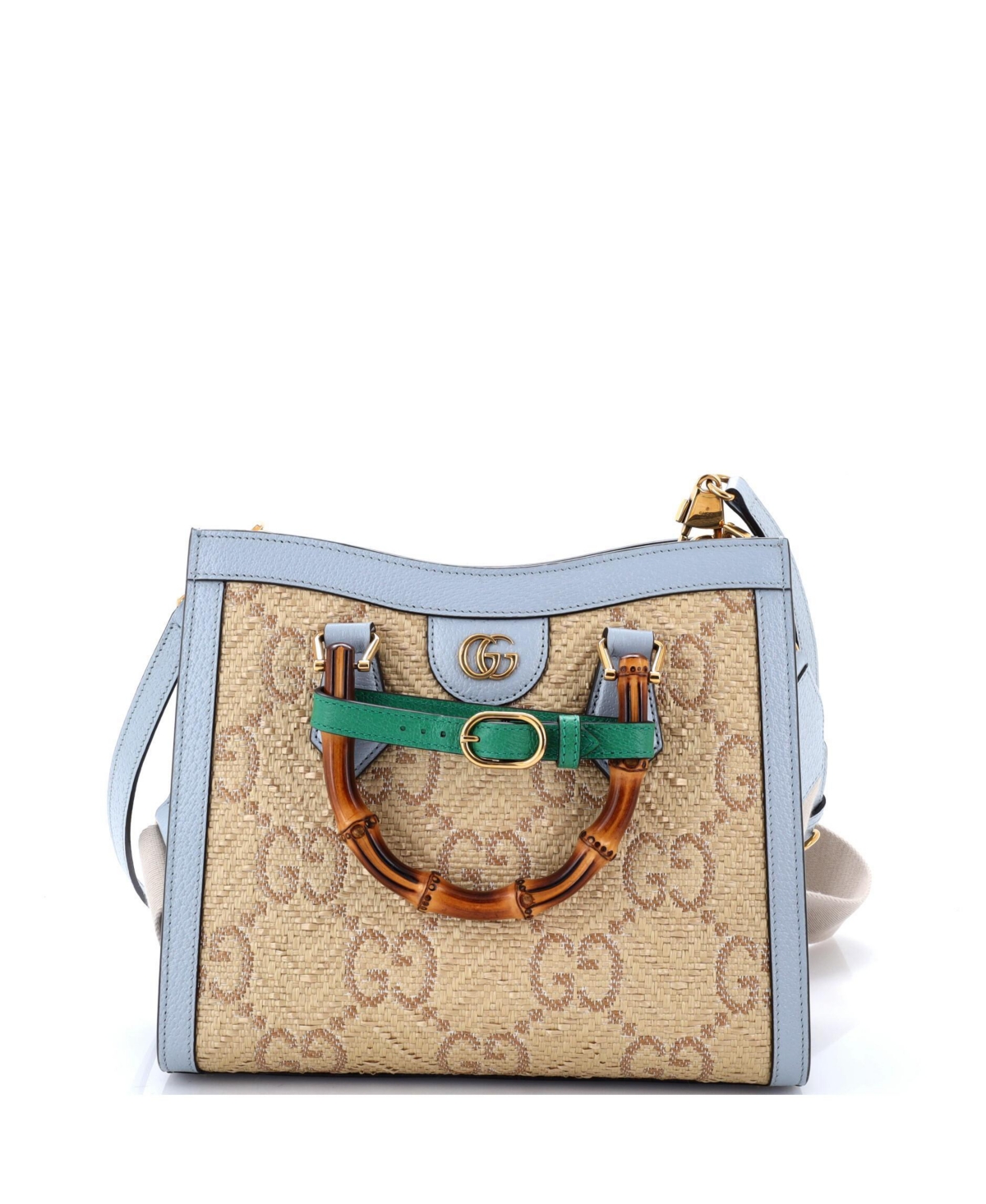 Pre-Owned Gucci Small Diana Nm Bamboo Handle Tote Gg Raffia - Blue