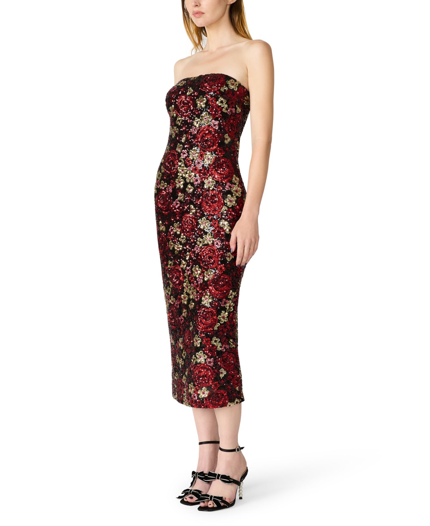 Женское платье Betsey Johnson Juniors' Tube Sequin Floral-Print Fitted Midi, цвет: Красный сливовый комбинированный — фото 2