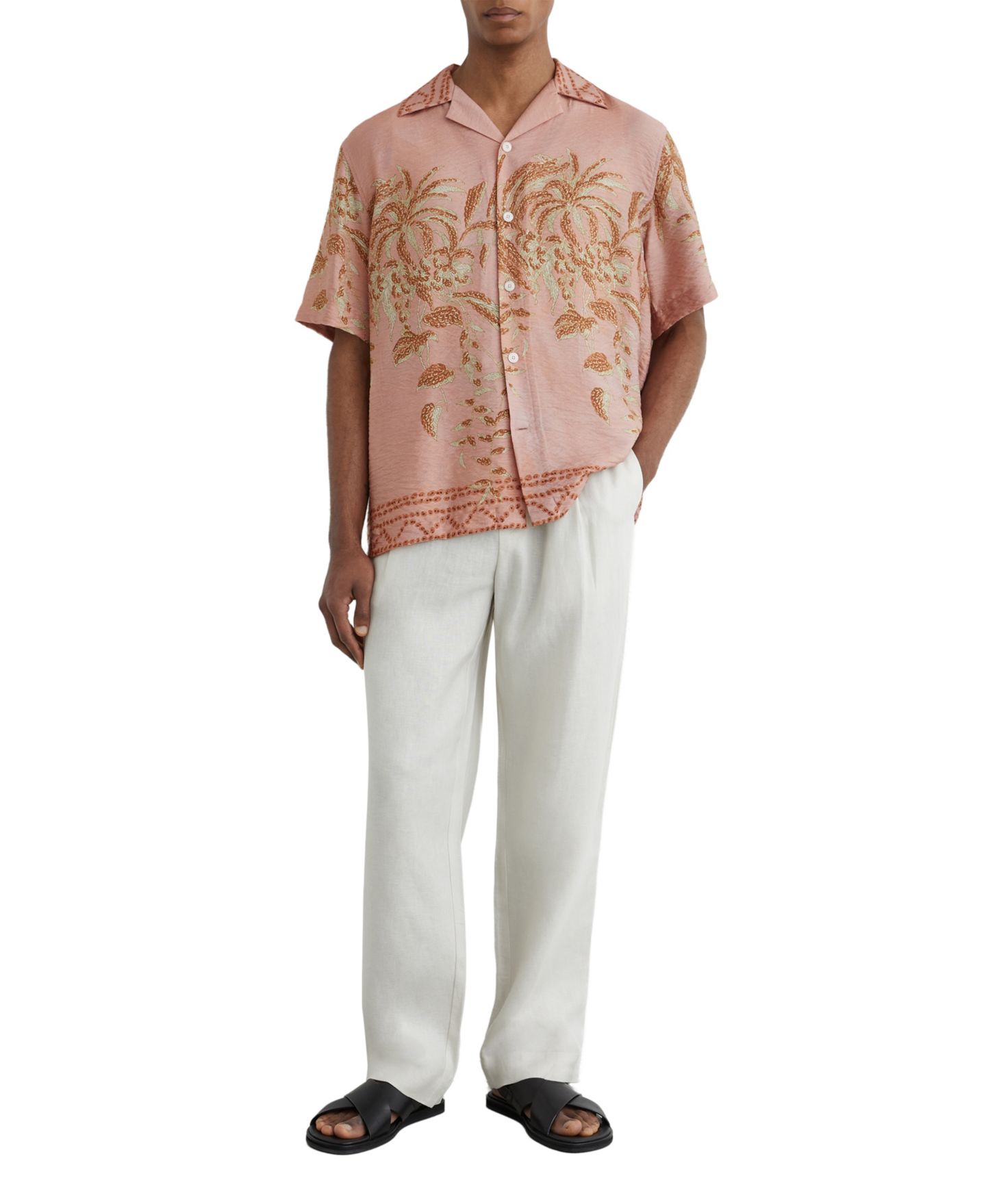 Мужская рубашка REISS Camino Cuban-Collar Short-Sleeve, цвет: Розовый — фото 3