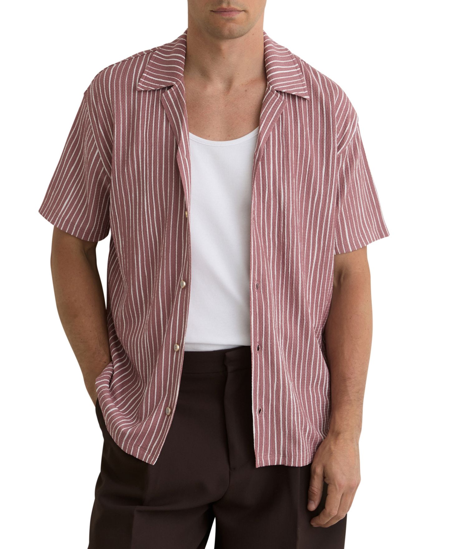 Мужская рубашка REISS Max Textured-Stripe Cuban-Collar Short-Sleeve, цвет: Розовый — фото 1