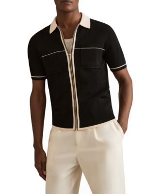 Men's Baxter Slim-Fit Windowpane-Texture Zip-Through Short-Sleeve Polo Shirt
