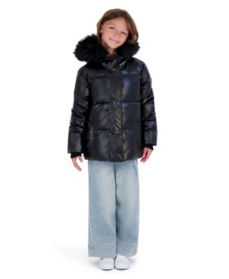 Girls' XS-XL Liquid Fashion Hooded Puffer Jacket with Faux-Fur Trim